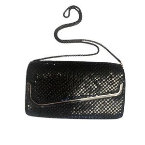 VTG Black Metal Sequin Mesh Clutch w Metallic Flap Trim & Removable Mesh Strap